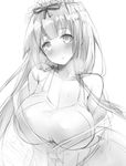  blush breasts character_request cleavage clothes_down greyscale hair_ribbon headdress inayama large_breasts long_hair looking_at_viewer monochrome one-piece_swimsuit original ribbon sketch solo swimsuit 