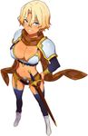  armor artist_request belt bikini_armor blonde_hair blue_eyes boots breasts dark_skin elbow_gloves full_body garter_belt gloves grin hands_on_hips highres large_breasts looking_at_viewer loose_belt navel official_art pauldrons scarf serena_(toushin_toshi_ii) short_hair simple_background smile solo tan thighhighs toushin_toshi toushin_toshi_ii white_background 