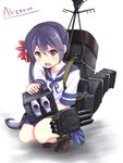  a9b_(louis814) akebono_(kantai_collection) bell black_legwear fang flower hair_bell hair_flower hair_ornament jingle_bell kantai_collection kneehighs long_hair looking_at_viewer machinery no_shoes open_mouth purple_eyes purple_hair side_ponytail solo squatting turret 