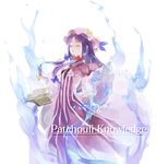  book capelet character_name closed_eyes crescent dress grimoire hair_ribbon hat long_hair long_sleeves patchouli_knowledge purple_dress purple_hair ribbon shihou_(g-o-s) solo striped striped_dress touhou tress_ribbon very_long_hair 