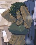  abs arms_up blush breasts colorized dark_skin eyebrows glasses green_eyes green_hair gym hair_over_one_eye hands_in_hair hilda_stervins large_breasts messy_hair midriff muscle muscular_female navel original scar short_hair smell solo sports_bra sweat tenk thick_eyebrows very_dark_skin yellow-framed_eyewear 
