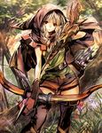  boots bow_(weapon) braid brown_footwear brown_legwear dragon's_crown elf elf_(dragon's_crown) forest looking_at_viewer madogawa nature pointy_ears solo squirrel thigh_boots thighhighs weapon zettai_ryouiki 
