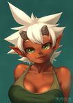  absurdres breasts cleavage dark_skin gabi_the_dokkaebi green_eyes highres horns large_breasts looking_at_viewer nestkeeper original short_hair solo sports_bra taut_clothes white_hair 