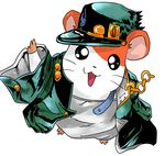  artist_request chain coat cosplay crossover hamster hamtaro hamtaro_(hamtaro) happy hat jojo_no_kimyou_na_bouken kuujou_joutarou kuujou_joutarou_(cosplay) looking_at_viewer lowres no_humans open_mouth oversized_clothes pun simple_background smile source_request white_background 