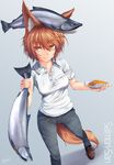  animal_ears brown_hair character_name denim dreadtie fish food fox_ears fox_tail highres jeans orange_eyes original pants salmon-san_(dreadtie) shirt short_hair solo sushi tail white_shirt 