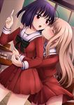  2girls blonde_hair blush eyes_closed hug hug_from_behind kawamura_reo kiss multiple_girls purple_hair red_eyes rozureidosan sawaguchi_mai school_uniform sono_hanabira_ni_kuchizuke_wo uniform yuri 