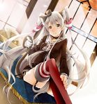  akatsuki_hijiri amatsukaze_(kantai_collection) animal_ears bad_id bad_pixiv_id cat_ears cat_tail crossed_legs garter_straps gloves kantai_collection kemonomimi_mode long_hair looking_at_viewer silver_hair sitting solo striped striped_legwear tail thighhighs two_side_up very_long_hair yellow_eyes 