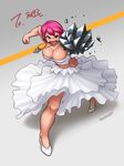  bare_shoulders breasts cleavage cyphers dress jewelry large_breasts necklace nestkeeper pink_hair punching rebecca_rushton slender_waist solo strapless strapless_dress white_dress 