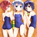  alternate_hairstyle ass barefoot black_hair blue_eyes blue_hair cameltoe competition_school_swimsuit double_bun faubynet flat_ass girl_sandwich gochuumon_wa_usagi_desu_ka? grin hair_bun hair_up highres holding_hands jouga_maya kafuu_chino leg_up long_hair lying md5_mismatch multiple_girls natsu_megumi on_back on_side on_stomach one-piece_swimsuit red_eyes red_hair sandwiched school_swimsuit short_hair smile swimsuit water_gun yellow_eyes 