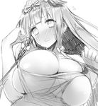  blush bow breasts bursting_breasts character_request embarrassed from_below greyscale hair_bow hair_ornament hair_ribbon inayama large_breasts long_hair looking_at_viewer monochrome original ribbon sketch skindentation solo underboob undersized_clothes 