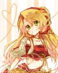  amamiya_kabosu atelier_(series) bad_id bad_pixiv_id blonde_hair blush crop_top detached_sleeves green_eyes hairband heart heart_of_string long_hair mana_khemia_(series) mana_khemia_2 midriff navel smile solo ulrika_myberg 