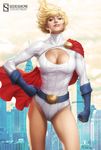  blonde_hair blue_eyes breasts cape city cleavage cleavage_cutout dc_comics gloves hand_on_hip highres large_breasts leotard lips md5_mismatch power_girl resized smile solo stanley_lau superhero upscaled 