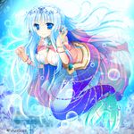  blue_eyes blue_hair blush braid breasts bubble cleavage female jewelry kannon_ouji large_breasts long_hair lots_of_jewelry mermaid monster_girl original pointy_ears royal smile solo sparkle underwater water 