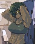  abs arms_up blush breasts colorized dark_skin eyebrows eyelashes glasses green_eyes green_hair gym hair_over_one_eye hands_in_hair hilda_stervins large_breasts messy_hair midriff muscle muscular_female navel original scar semi-rimless_eyewear short_hair smell solo sports_bra tenk thick_eyebrows under-rim_eyewear very_dark_skin yellow yellow-framed_eyewear 