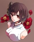  bare_shoulders black_hair breasts brown_background camellia expressionless flower from_above hair_ornament haori japanese_clothes kantai_collection large_breasts lips miwano_ragu nontraditional_miko orange_eyes petals red_flower short_hair simple_background sleeveless solo yamashiro_(kantai_collection) 