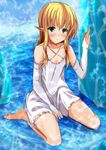  bad_id bad_pixiv_id barefoot blonde_hair blush borrowed_character character_request detached_sleeves dress green_eyes highres kanzaki_kureha long_hair original pointy_ears sitting solo water 