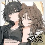  2girls animal_ears bare_shoulders black_hair black_jacket blush border brown_eyes brown_hair closed_mouth commentary_request crop_top cropped_shirt dog_ears green_jacket grey_border highres jacket long_hair looking_at_viewer multiple_girls off_shoulder open_clothes open_jacket open_mouth original outside_border pan-chan_(takaya_riku) shirt sleeveless sleeveless_shirt takaya_riku upper_body white_background 
