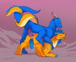  anal anal_penetration anus blue_dragon blue_hair blue_penis cum cum_in_ass cum_inside dragon entwined_tails gay hair horn male orange_dragon penetration penis tderek99 