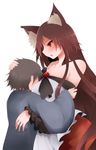  1girl animal_ears arano_oki bare_shoulders black_hair blush breasts brown_hair cleavage hand_on_another's_head head_in_chest hug huge_breasts imaizumi_kagerou long_hair red_eyes short_hair simple_background solo_focus touhou very_long_hair white_background wolf_ears 
