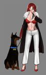  alternate_costume bling_(wnsdud34) bra breasts commentary dog eyepatch garen_crownguard green_eyes high_heels jacket katarina_du_couteau large_breasts league_of_legends leash long_hair midriff navel red_bra red_hair smoking solo tattoo underwear 