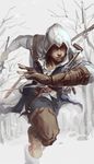  assassin's_creed_(series) assassin's_creed_iii bow_(weapon) connor_kenway highres hood male_focus quiver running ruukii_drift snow solo tomahawk weapon 