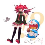  !? 1girl ahoge arm_tattoo artist_name bare_shoulders black_boots black_shirt boots cat clenched_hands collared_shirt crossover detached_sleeves doraemon doraemon_(character) dorayaki drill_hair flat_chest food food_in_mouth highres holding holding_food kasane_teto kasane_teto_(utau) mouse_(animal) mouth_hold red_eyes red_hair shirt short_hair surprised sweat tattoo thigh_boots torino_sasami twin_drills utau v-shaped_eyebrows wagashi watermark white_background wings 