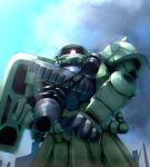  a10thunderboit absurdres aiming aiming_at_viewer cable cloud cloudy_sky commentary_request gun gundam highres holding holding_gun holding_weapon machine_gun machinery male_focus mecha mecha_focus mobile_suit mobile_suit_gundam one-eyed pink_eyes robot ruins science_fiction scope shield shoulder_spikes sky solo spikes upper_body weapon zaku_ii zeon 