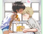  2boys akame_(eckesachs) black_hair blonde_hair blush child dark_skin earrings eyes_closed heart honey jewelry kiss multiple_boys pancake pancakes shirt shorts shota sleeveless sleeveless_shirt spoken_heart tattoo yaoi 