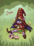  1girl blush crossdressing cup dress fairy fang green_eyes hat league_of_legends long_hair lulu_(league_of_legends) miniboy nestkeeper pix pointy_ears pointy_shoes purple_hair purple_skin shoes teacup teapot witch_hat yordle 