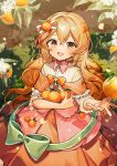  1girl :d absurdres blush commentary_request commission cowboy_shot double-parted_bangs dress food food-themed_hair_ornament fruit hair_ornament highres holding holding_food holding_fruit long_hair looking_at_viewer mandarin_orange open_mouth orange_dress orange_eyes orange_hair orange_hair_ornament original outdoors sazanami_(ripple1996) smile solo three-quarter_sleeves 