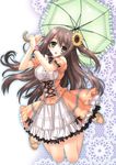  bracelet brown_eyes brown_hair dress flower hair_flower hair_ornament jewelry kimizuka_aoi long_hair one_side_up original sandals smile solo sunflower sunflower_hair_ornament umbrella very_long_hair 