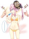  1girl alternate_costume alternate_hairstyle bikini blush breasts cleavage expressionless food groin hata_no_kokoro highres jpeg_artifacts long_hair mask maturiuta_sorato monkey_mask navel open_mouth pink_hair ponytail popsicle purple_eyes small_breasts solo_focus swimsuit touhou 