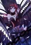  akemi_homura akuma_homura argyle argyle_legwear arm_up bangs bare_shoulders black_gloves black_hair black_wings bow chain choker dark_orb_(madoka_magica) dress elbow_gloves feathered_wings feathers gloves hair_bow long_hair looking_at_viewer mahou_shoujo_madoka_magica mahou_shoujo_madoka_magica_movie purple_eyes ribbon rizky_(strated) smile solo thighhighs wings zettai_ryouiki 