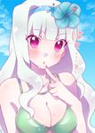  :o bikini blush breasts day finger_to_mouth flower green_bikini grey_hair hair_ornament hairband hibiscus idolmaster idolmaster_(classic) jewelry long_hair looking_at_viewer medium_breasts naju_soreiyu necklace purple_eyes shijou_takane sky solo swimsuit upper_body water 