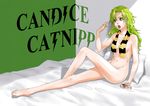  1girl absurdres bed bed_sheet bleach breasts candice_catnipp character_name cup eating food green_eyes green_hair highres hirotaka ice_cream legs long_hair navel nude on_bed open_mouth pillow quincy quincy_(bleach) scarf sitting solo spoon 