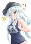  1girl :&lt; blue_eyes blue_hair blush breast_envy cosplay flat_chest hat hibiki_(kantai_collection) highres i-8_(kantai_collection) i-8_(kantai_collection)_(cosplay) kantai_collection long_hair one-piece_swimsuit school_swimsuit solo swimsuit triangle_mouth upper_body urigarasu white_background 