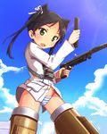  a9b_(louis814) animal_ears black_hair cat_ears fang finger_on_trigger francesca_lucchini green_eyes gun hair_ribbon highres holding holding_gun holding_weapon looking_at_viewer military military_uniform open_mouth panties reloading ribbon solo strike_witches striker_unit striped striped_panties submachine_gun twintails underwear uniform weapon world_witches_series 
