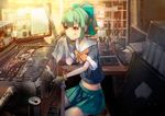  bangs bow brown_gloves dirty_face energy_drink gloves green_hair hair_bow kantai_collection konkito machinery monster_energy pleated_skirt school_uniform short_hair short_ponytail short_sleeves sitting skirt solo wrench yellow_eyes yuubari_(kantai_collection) 