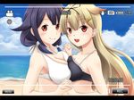  :d asymmetrical_docking beach bikini black_bikini blonde_hair blush breast_press breasts cloud day fuuma_nagi hair_flaps hair_ornament hairclip holding_hands kantai_collection letterboxed long_hair looking_at_viewer multiple_girls ocean open_mouth outdoors purple_hair red_eyes remodel_(kantai_collection) short_hair sky small_breasts smile swimsuit taigei_(kantai_collection) viewfinder white_bikini yuudachi_(kantai_collection) 