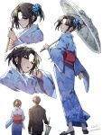  1boy 1girl blue_kimono brown_hair carimarica grey_eyes highres japanese_clothes kara_no_kyoukai kimono kokutou_mikiya long_sleeves looking_at_viewer obi parted_bangs ryougi_shiki sash short_hair wide_sleeves 
