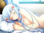  bed blue_hair blush breasts closed_eyes flower game_cg hair_flower hair_ornament kureha long_hair lying medium_breasts nude okitsune-sama_no_koisuru_omajinai on_side sleeping solo 