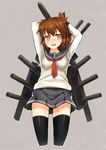  anchor_symbol arms_behind_head arms_up bad_id bad_pixiv_id black_legwear blush brown_eyes brown_hair folded_ponytail grey_skirt inazuma_(kantai_collection) kantai_collection long_sleeves looking_at_viewer machinery neckerchief pleated_skirt reitsuki_kazuma sailor_collar school_uniform serafuku skirt solo thighhighs 