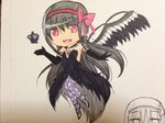  :d absurdres akemi_homura akuma_homura argyle argyle_legwear bare_shoulders black_gloves black_hair black_wings bow chibi choker dark_orb_(madoka_magica) dress elbow_gloves feathered_wings gloves hair_bow highres long_hair looking_at_viewer mahou_shoujo_madoka_magica mahou_shoujo_madoka_magica_movie multiple_views open_mouth photo purple_eyes simple_background smile solo_focus spoilers white_background wings 