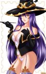  1girl bare_shoulders black_gloves black_hat bracelet breasts cleavage collarbone elbow_gloves gloves goblin_slayer! hat holding holding_pipe jewelry large_breasts long_hair mole mole_under_eye panties pipe purple_hair solo thighhighs underwear very_long_hair witch_(goblin_slayer!) witch_hat yellow_eyes 