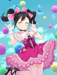  \m/ ^_^ bad_id bad_pixiv_id balloon black_hair blush bow choker closed_eyes double_\m/ dress gloves grin hair_bow love_live! love_live!_school_idol_project nico_nico_nii red_dress short_hair smile solo striped striped_legwear thighhighs twintails ume_(plumblossom) vertical-striped_legwear vertical_stripes white_gloves yazawa_nico 