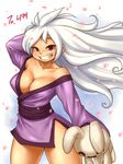  bare_shoulders breasts cleavage collarbone dungeon_and_fighter fighter_(dungeon_and_fighter) grin japanese_clothes kimono large_breasts long_hair nestkeeper no_bra off_shoulder petals pointy_ears red_eyes short_kimono sleeves_past_wrists smile solo stuffed_animal stuffed_bunny stuffed_toy thick_thighs thighs white_hair 