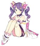  aisha_(elsword) back_bow bare_legs bare_shoulders blush bomu bow dimension_witch_(elsword) elsword hair_ornament hairclip leg_hug long_hair purple_eyes purple_hair sitting skirt smile solo twintails white_background 