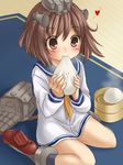  :&gt; blush bottomless brown_eyes brown_hair eating food hair_ornament heart holding holding_food kantai_collection long_sleeves orippa sailor_collar school_uniform serafuku short_hair sitting solo wariza yukikaze_(kantai_collection) 