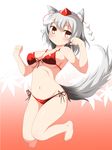  animal_ears bare_shoulders barefoot bikini blush breasts deego_(omochi_bazooka) groin hat highres inubashiri_momiji large_breasts looking_at_viewer midriff navel paws red_eyes short_hair solo swimsuit tail tokin_hat touhou wolf_ears wolf_tail 