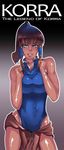  adapted_costume avatar:_the_last_airbender avatar_(series) blue_eyes breast_squeeze breasts brown_hair competition_swimsuit contrapposto cowboy_shot dark_skin hair_tubes high_ponytail highres korra lips loincloth long_hair one-piece_swimsuit shiny shiny_skin smile solo standing swimsuit the_legend_of_korra zxc 